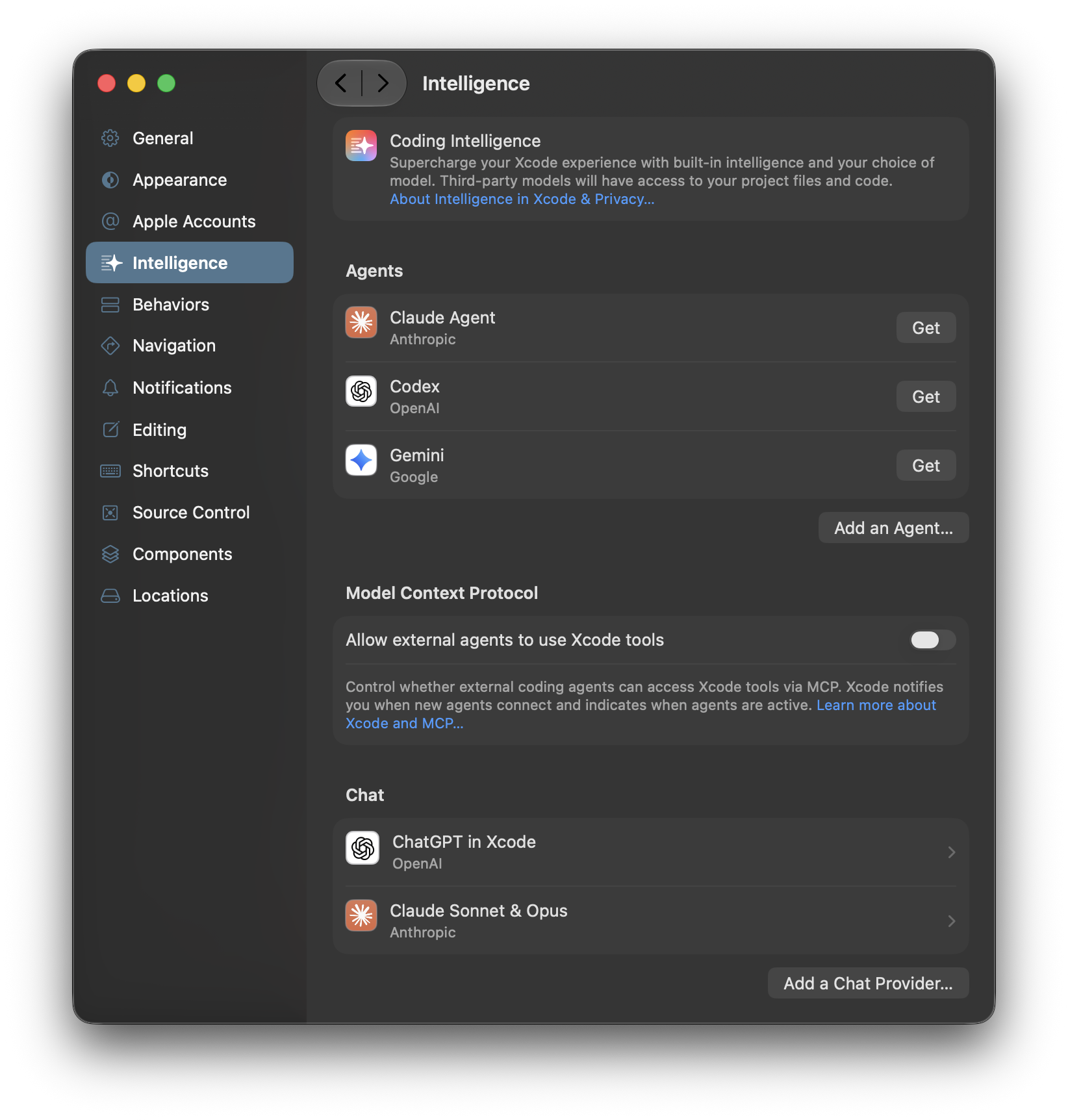 Xcode Coding Intelligence settings