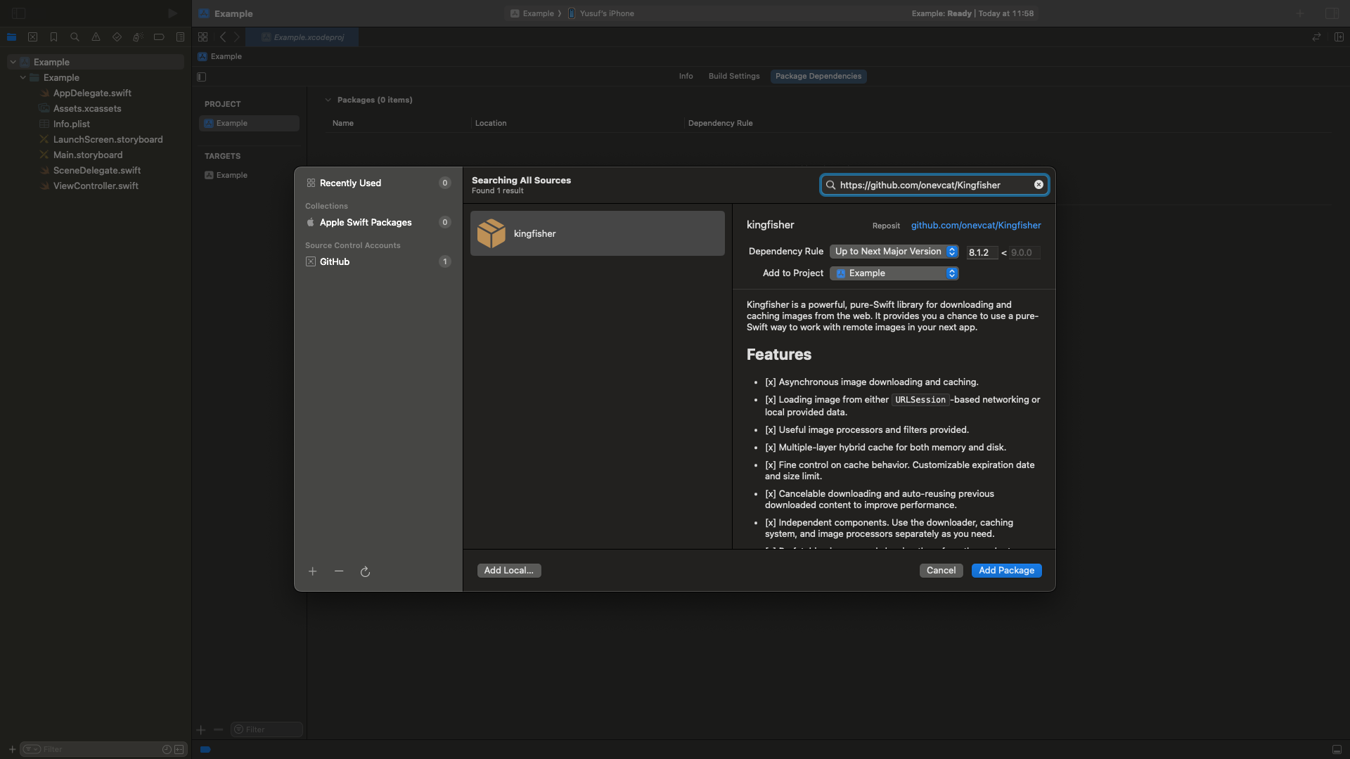 Xcode Swift Package Manager paket ekleme ekranı