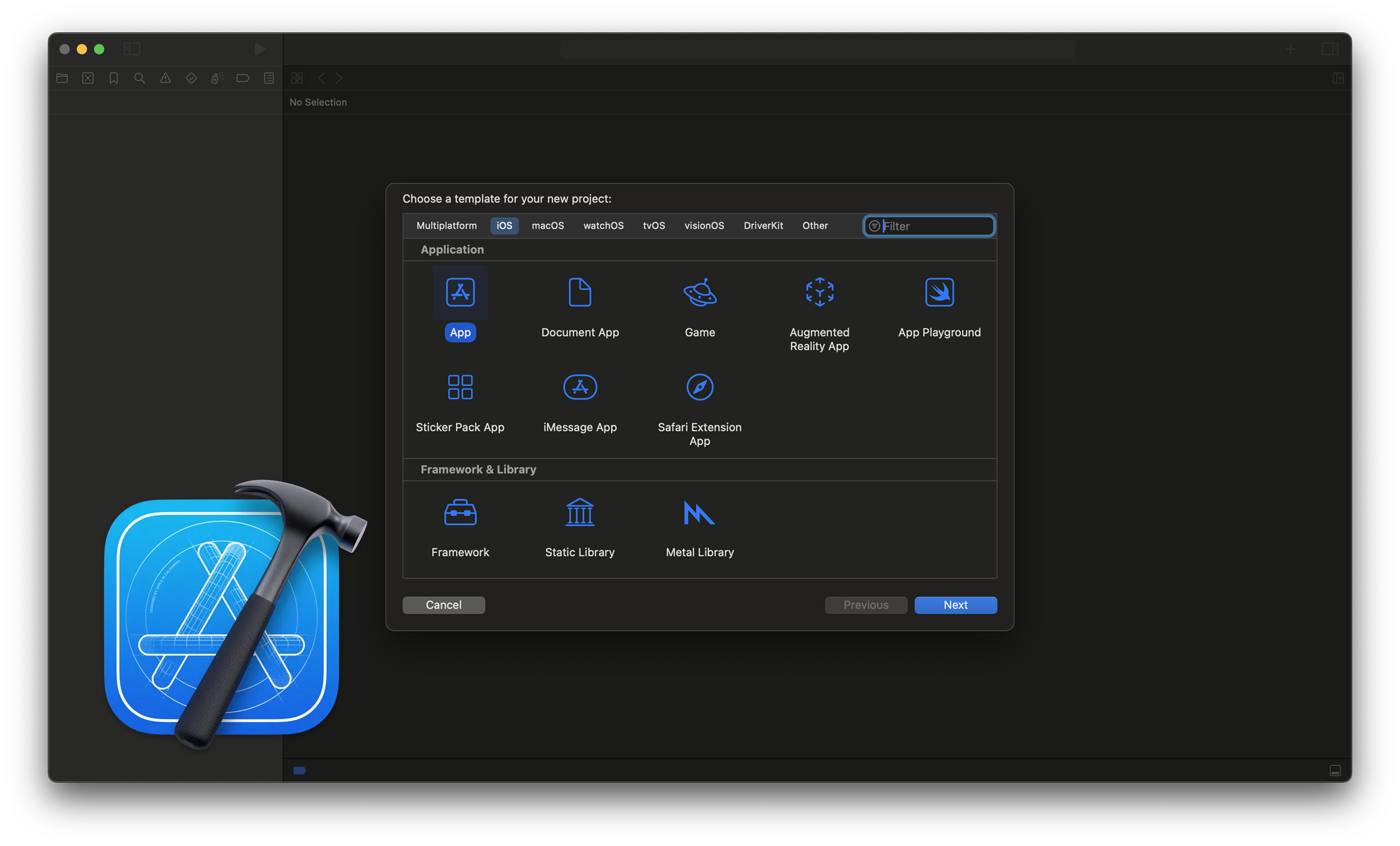 Xcode yeni proje şablonu seçim ekranı